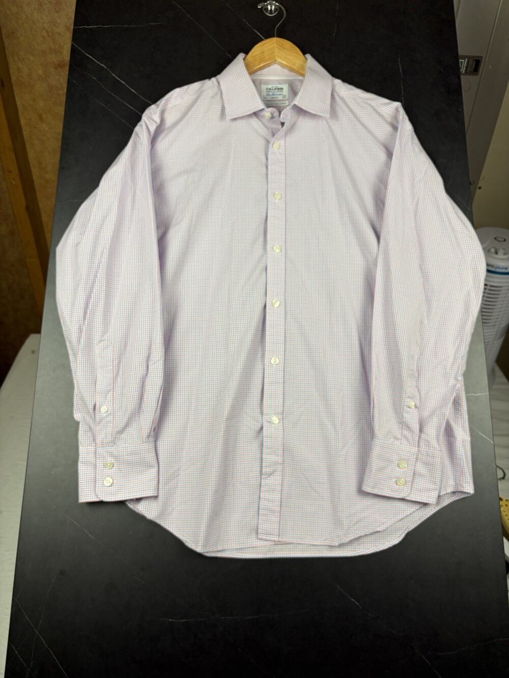 T.M. Lewin Dress Shirt Men’s 17 34.5 Slim Fit French Cuff Pink Blue Check
